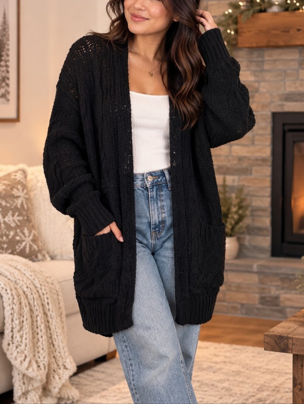Love Tree Black Open Front Cable Knit Long Cardigan Sweater Size L